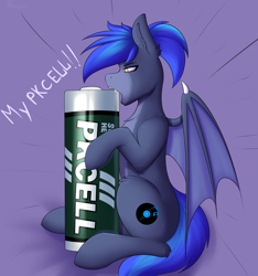 Size: 4500x4800 | Tagged: safe, artist:trast113, imported from derpibooru, oc, oc only, oc:proffy floyd, bat pony, pony, battery, dankpods, fangs, male, pkcell, solo