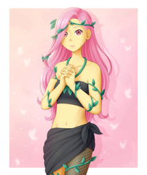 Size: 822x972 | Tagged: safe, artist:lizzystarie, idw, imported from derpibooru, fluttershy, human, equestria girls, ponies of dark water, bare shoulders, belly button, commission, female, hands together, ivy (plant), looking at you, midriff, poison ivy, poison ivyshy, red eyes, sleeveless, smiling, solo