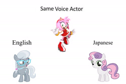 Size: 1935x1290 | Tagged: safe, imported from derpibooru, silver spoon, sweetie belle, earth pony, unicorn, amy rose, exploitable meme, meme, same voice actor, shannon chan-kent, simple background, sonic prime, sonic the hedgehog (series), taeko kawata, white background