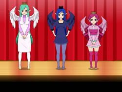 Size: 1024x768 | Tagged: safe, imported from derpibooru, princess cadance, princess celestia, princess luna, human, elf ears, female, humanized, kisekae, simple background, stage, trio, winged humanization, wings