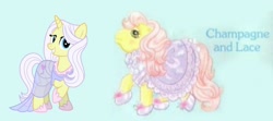 Size: 1500x664 | Tagged: safe, imported from derpibooru, lily lace, earth pony, pony, unicorn, champagne and lace, clothes, comparison, dress, female, g1, g1 to g4, g4, generation leap, look-alike, mare