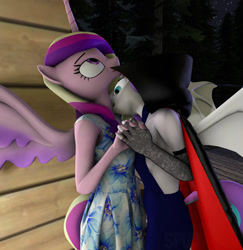 Size: 1045x1077 | Tagged: safe, artist:spud, imported from derpibooru, princess cadance, princess flurry heart, alicorn, anthro, undead, vampire, 3d, against wall, bat wings, biting, cape, clothes, costume, dress, duo, duo female, female, flurrydance, gloves, halloween, halloween costume, holding hands, incest, infidelity, lesbian, looking up, mlp fim's twelfth anniversary, mother and child, mother and daughter, neck biting, night, shipping, source filmmaker, wall, wings