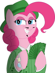 Size: 1890x2496 | Tagged: safe, artist:legendoflink, imported from derpibooru, pinkie pie, pony, bracelet, clothes, facial hair, female, gangster, hat, jewelry, mare, money, pinktober, pinstripes, simple background, solo, suit, transparent background, wingding eyes