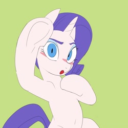 Size: 1250x1250 | Tagged: safe, artist:baigak, imported from derpibooru, rarity, pony, unicorn, belly button, blushing, female, green background, looking at you, mare, no catchlights, simple background, solo, underhoof