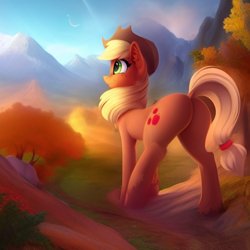 Size: 1200x1200 | Tagged: safe, editor:craft, imported from derpibooru, applejack, earth pony, pony, ai content, ai generated, butt, dock, from behind, generator:stable diffusion, hat, plot, raised tail, solo, tail