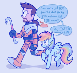 Size: 2048x1922 | Tagged: safe, artist:faceache, imported from derpibooru, rainbow dash, human, pegasus, pony, ..., crowbar, duo, gordon freeman, half-life, hev suit, human and pony, speech bubble