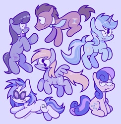 Size: 2002x2048 | Tagged: safe, artist:faceache, imported from derpibooru, bon bon, derpy hooves, dj pon-3, doctor whooves, lyra heartstrings, octavia melody, sweetie drops, time turner, vinyl scratch, earth pony, pegasus, pony, unicorn, background six, bon bon is not amused, derp, lidded eyes, one eye closed, smiling, unamused, wink