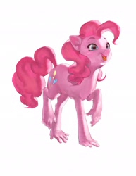 Size: 1582x2048 | Tagged: safe, artist:3102125meni, imported from derpibooru, pinkie pie, earth pony, pony, abomination, female, hand, hoof hands, mare, open mouth, open smile, simple background, smiling, solo, wat, what has science done, white background