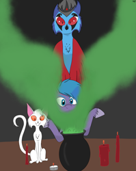 Size: 2822x3545 | Tagged: safe, artist:madtown97, imported from derpibooru, oc, oc only, oc:ghost, oc:oleander nightshade, oc:olly, oc:stolas, bird, cat, demon, earth pony, owl, candle, cauldron, g5, my little pony: a new generation, my little pony: make your mark, prince, smoke, spooky, witch