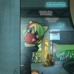 Size: 800x800 | Tagged: safe, artist:captainhoers, imported from derpibooru, oc, oc:rainbow code, earth pony, pegasus, the sunjackers, cyberpunk, male, stallion, train station