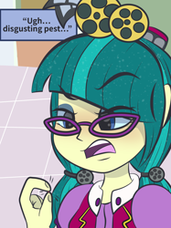 Size: 2048x2732 | Tagged: safe, artist:brandonthebronypony, imported from derpibooru, juniper montage, human, equestria girls, between fingers, canterlot mall, female, glasses, indoors, looking down, micro, open mouth, ponytails, raised eyebrow, solo