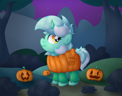 Size: 2522x1987 | Tagged: safe, artist:background basset, imported from derpibooru, lyra heartstrings, pony, unicorn, clothes, costume, cute, female, food, food costume, halloween, halloween costume, holiday, implied bon bon, jack-o-lantern, lyrabetes, mare, night, pumpkin, pumpkin costume, side view, smiling, solo