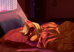 Size: 1531x1080 | Tagged: source needed, safe, artist:inoghmia, imported from derpibooru, applejack, bed, cowboy hat, face mask, hat, hat off, lasso, mask, rope, sleeping, stetson