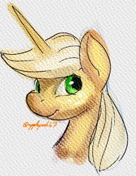 Size: 727x944 | Tagged: safe, artist:applepost67, imported from derpibooru, applejack, alicorn, pony, alicornified, applecorn, bust, female, mare, race swap, signature, smiling, solo