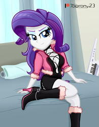 Size: 1023x1312 | Tagged: safe, artist:tabrony23, imported from derpibooru, rarity, human, equestria girls, beautiful, bed, bedroom eyes, boots, breasts, busty rarity, clothes, cosplay, costume, cute, dress, electric piano, female, high res, king of fighters, patreon, patreon logo, sexy, shermie (king of fighters), shoes, show accurate, signature, smiling, solo, stupid sexy rarity