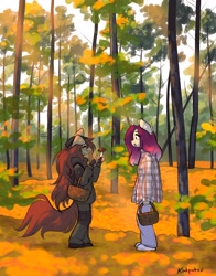 Size: 3208x4096 | Tagged: safe, artist:katputze, imported from derpibooru, oc, oc:apogee (tinygaypirate), oc:crimson sunset, anthro, dog, plantigrade anthro, unicorn, basket, cargo pants, clothes, duo, eyes closed, female, fingerless gloves, forest, furry, furry oc, gloves, jacket, looking at each other, looking at someone, mare, mushroom, mushroom picking, non-mlp oc, open mouth, open smile, pants, plaid shirt, pointing, shirt, smiling