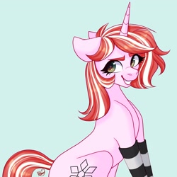 Size: 2048x2048 | Tagged: safe, artist:mxiiisy, imported from derpibooru, oc, oc only, oc:crystal flake, pony, unicorn, clothes, eyebrows, eyelashes, horn, looking back, socks, solo, stockings, striped socks, tail, thigh highs