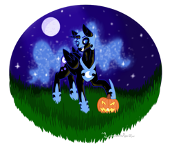 Size: 865x742 | Tagged: safe, artist:luna_mcboss, imported from derpibooru, nightmare moon, alicorn, pony, armor, black coat, blue eyes, complex background, ear fluff, ethereal mane, folded wings, full moon, grass, halloween, holiday, horn, jack-o-lantern, lightning, looking offscreen, moon, night, nightmare night, outdoors, pumpkin, sky, solo, spooky, starry mane, starry night, stars, wings