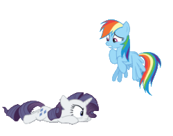 Size: 1201x943 | Tagged: safe, imported from derpibooru, mean rarity, rainbow dash, rarity, pegasus, pony, unicorn, the mean 6, angry, animated, clone, flying, scared, scaredy dash, simple background, tail, tail pull, transparent background