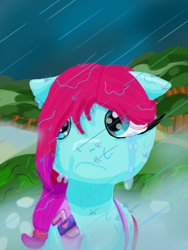 Size: 1536x2048 | Tagged: safe, artist:the crystal artist, derpibooru exclusive, imported from derpibooru, earth pony, pony, bush, cloud, cloudy, crying, cute, digital art, female, floppy ears, flower, fog, forest, g5, hair over one eye, hill, jazz hooves, jazzibetes, lineless, lost, mare, path, rain, raincloud, sad, shading, solo, teary eyes, tree, vent art, wet, wet mane, wingding eyes