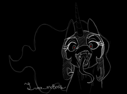 Size: 879x654 | Tagged: safe, artist:luna_mcboss, imported from derpibooru, nightmare moon, alicorn, pony, armor, black and white, black background, bust, creepy, drool, drool string, fangs, flowy mane, grayscale, helmet, horn, long eyelashes, long tongue, looking at you, looking down, looking down at you, monochrome, outline, red eyes, salivating, sharp teeth, simple background, sketch, snarling, solo, teeth, tongue out