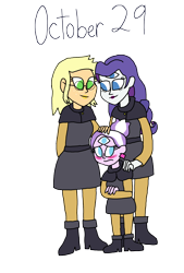 Size: 2500x3692 | Tagged: safe, artist:ktd1993, imported from derpibooru, applejack, diamond tiara, rarity, equestria girls, boscha, boscha's parents, clothes, clothes swap, female, lesbian, october, potions track, rarijack, school uniform, shipping, simple background, the owl house, third eye, transparent background, triclops, witch