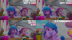 Size: 4400x2475 | Tagged: safe, edit, edited screencap, editor:quoterific, imported from derpibooru, screencap, izzy moonbow, pipp petals, pegasus, pony, unicorn, spoiler:my little pony: make your mark chapter 2, spoiler:myms01e01, brush, covering mouth, cute, duo, female, floppy ears, g5, izzy does it, izzybetes, mare, my little pony: make your mark, my little pony: make your mark chapter 2, pencil, yarn, yarn ball