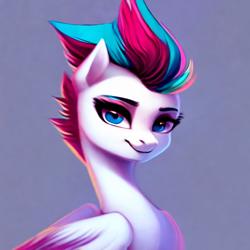 Size: 1024x1024 | Tagged: safe, generator:cookie sd a12, imported from derpibooru, zipp storm, pegasus, pony, ai content, ai generated, blue eyes, bust, female, g5, generator:stable diffusion, looking at you, mare, prompter:siber, simple background, solo