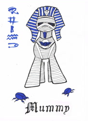 Size: 1154x1587 | Tagged: safe, artist:assertiveshypony, imported from derpibooru, oc, oc only, pony, egyptian, egyptian headdress, egyptian pony, hieroglyphics, mummy, scarab, simple background, traditional art, white background