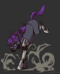 Size: 1046x1280 | Tagged: safe, artist:lynxpainter, imported from derpibooru, oc, oc:vincent, earth pony, pony, amputee, beard, facial hair, male, prosthetic limb, prosthetics, purple hair, running, scar, simple background, smoke, stallion, standing on two hooves