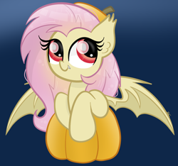 Size: 1066x997 | Tagged: safe, artist:sugarcloud12, imported from derpibooru, fluttershy, bat pony, pony, bat ponified, flutterbat, pumpkin, race swap, solo