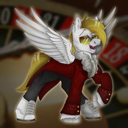 Size: 2300x2300 | Tagged: safe, artist:molars, imported from derpibooru, oc, oc:golden stakes, pegasus, pony, boots, clothes, coat, open mouth, raised eyebrow, raised leg, shoes, short mane, smiling, smug, solo, spread wings, sunglasses, unshorn fetlocks, wings