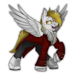 Size: 2300x2300 | Tagged: safe, alternate version, artist:molars, imported from derpibooru, oc, oc only, oc:golden stakes, pegasus, pony, fallout equestria, ashes town, clothes, coat, coattails, commission, piercing, raised hoof, short mane, spread wings, transparrent background, white fur, wings, yellow eyes, yellow mane