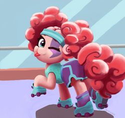 Size: 1900x1800 | Tagged: safe, artist:justgaduh, imported from derpibooru, pinkie pie, earth pony, pony, scare master, clothes, costume, cute, diapinkes, female, mare, nightmare night costume, one eye closed, pinkie puffs, roller skates, solo, tongue out, wink