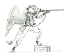 Size: 1500x1158 | Tagged: safe, artist:baron engel, imported from derpibooru, gilda, anthro, digitigrade anthro, griffon, female, flintlock, front knot midriff, gun, midriff, monochrome, musket, pencil drawing, pirate, story included, traditional art, weapon