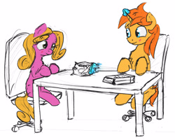 Size: 4080x3272 | Tagged: safe, artist:uteuk, imported from derpibooru, shady, oc, oc:sparkles vernon, earth pony, pony, unicorn, blushing, chair, chips, cute, eating, food, looking at each other, looking at someone, magic, office chair, sitting, table, telekinesis