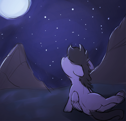 Size: 3173x3048 | Tagged: safe, artist:shaliwolf, imported from derpibooru, oc, unnamed oc, pegasus, floppy ears, folded wings, looking at something, moon, mountain, night, sitting, solo, starry sky, wings