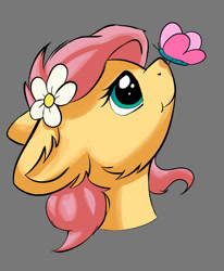 Size: 1024x1241 | Tagged: safe, artist:shaliwolf, imported from derpibooru, fluttershy, butterfly, pegasus, pony, bust, butterfly on nose, female, flower, flower in hair, insect on nose, looking at something, mare, portrait, simple background, solo
