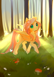 Size: 1024x1448 | Tagged: safe, artist:dreamsugar, imported from derpibooru, fluttershy, butterfly, pegasus, pony, backlighting, cute, female, flower, flower in hair, forest, full body, grass, green eyes, looking at you, mare, mushroom, smiling, smiling at you, solo, spread wings, tail, textless version, walking, wings