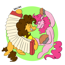 Size: 2000x2000 | Tagged: safe, artist:shiiiny, imported from derpibooru, cheese sandwich, pinkie pie, earth pony, pony, pinkie pride, accordion, cheesepie, clothes, duo, ears back, female, food, g4, green background, grin, male, musical instrument, partial background, pie, ponytober, shipping, shirt, simple background, smiling, straight, transparent background