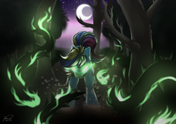 Size: 4093x2894 | Tagged: safe, artist:julunis14, imported from derpibooru, oc, oc only, earth pony, pony, commission, crescent moon, dark magic, earth pony oc, female, forest, glowing, glowing eyes, high res, magic, mare, moon, night, night sky, signature, sky, solo, stars, thorn, vine, walking