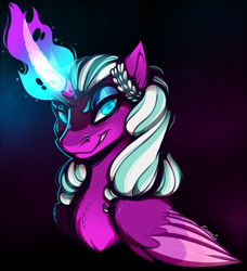 Size: 963x1054 | Tagged: safe, artist:esmeia, imported from derpibooru, opaline arcana, alicorn, pony, spoiler:g5, spoiler:my little pony: make your mark, black background, female, g5, gritted teeth, magic, mare, simple background, solo, teeth