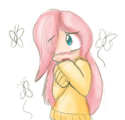 Size: 645x619 | Tagged: safe, artist:zutcha, imported from derpibooru, fluttershy, human, blushing, clothes, female, humanized, simple background, solo, sweater, sweatershy, white background