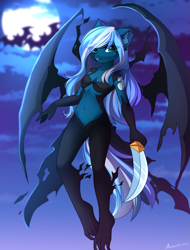 Size: 2061x2717 | Tagged: safe, artist:airiniblock, imported from derpibooru, oc, oc only, oc:vivid tone, anthro, plantigrade anthro, alternative cutie mark placement, anthro oc, bat wings, belly button, breasts, cleavage, ear fluff, female, knife, moon, night, rcf community, reasonably sized breasts, shoulder cutie mark, sky, solo, sword, weapon, wings