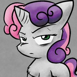 Size: 500x500 | Tagged: safe, artist:zutcha, imported from derpibooru, sweetie belle, pony, unicorn, blank flank, female, grumpy, grumpy belle, simple background, solo