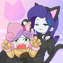 Size: 2000x2000 | Tagged: safe, artist:batipin, imported from derpibooru, rarity, sweetie belle, cat, human, equestria girls, animal costume, belle sisters, cat costume, cat ears, clothes, costume, duo, eye clipping through hair, fangs, female, kitty belle, one eye closed, open mouth, raricat, siblings, sisters, tongue out, wink