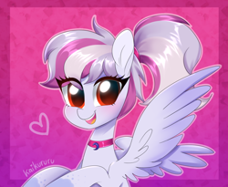 Size: 2436x2000 | Tagged: safe, artist:kaikururu, imported from derpibooru, oc, oc only, oc:windbreaker, pegasus, pony, choker, commission, cute, gradient background, heart, high res, looking at you, ocbetes, open mouth, open smile, pegasus oc, smiling, smiling at you, solo, spread wings, wings