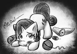 Size: 997x704 | Tagged: safe, artist:zutcha, imported from derpibooru, rarity, pony, unicorn, behaving like a cat, blushing, female, meow, monochrome, raricat, solo, yarn