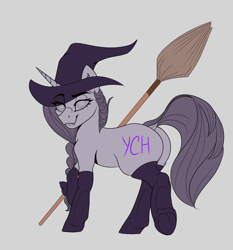 Size: 1400x1500 | Tagged: safe, artist:kiararrr, imported from derpibooru, oc, oc only, pony, unicorn, broom, clothes, commission, halloween, hat, holiday, looking at you, smiling, smiling at you, socks, solo, stockings, thigh highs, underhoof, witch, witch hat, your character here