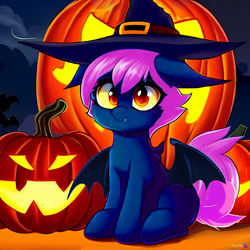 Size: 2048x2048 | Tagged: safe, artist:windvile, imported from derpibooru, oc, oc:windvile, bat pony, pony, ai content, ai generated, fangs, female, generator:purplesmart.ai, generator:stable diffusion, halloween, hat, holiday, jack-o-lantern, night, pumpkin, sitting, solo, witch hat